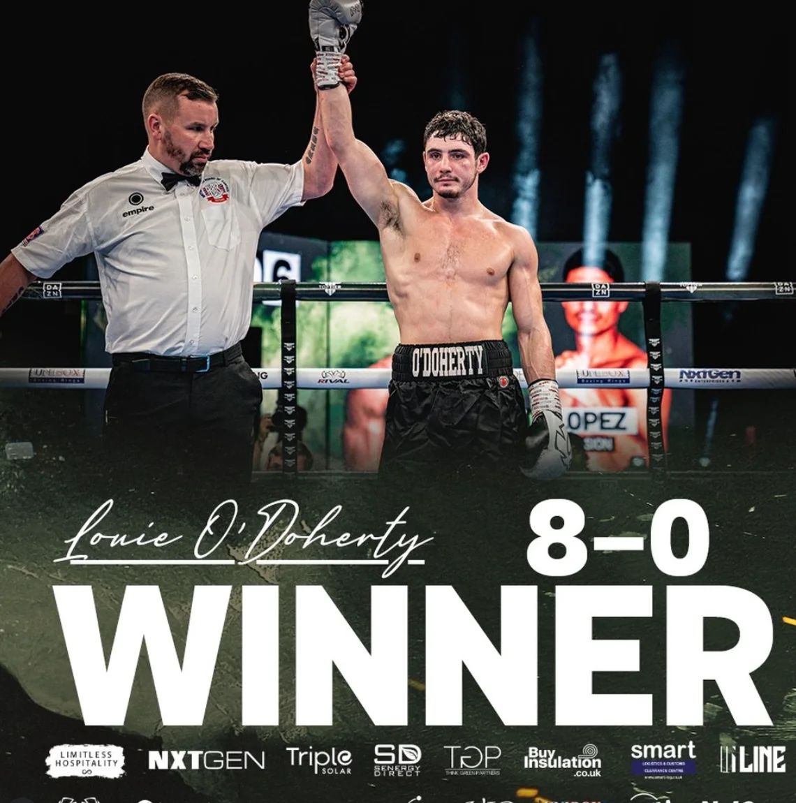 Winner artwork marking an 8–0 stage in Louie O’Doherty’s professional career
