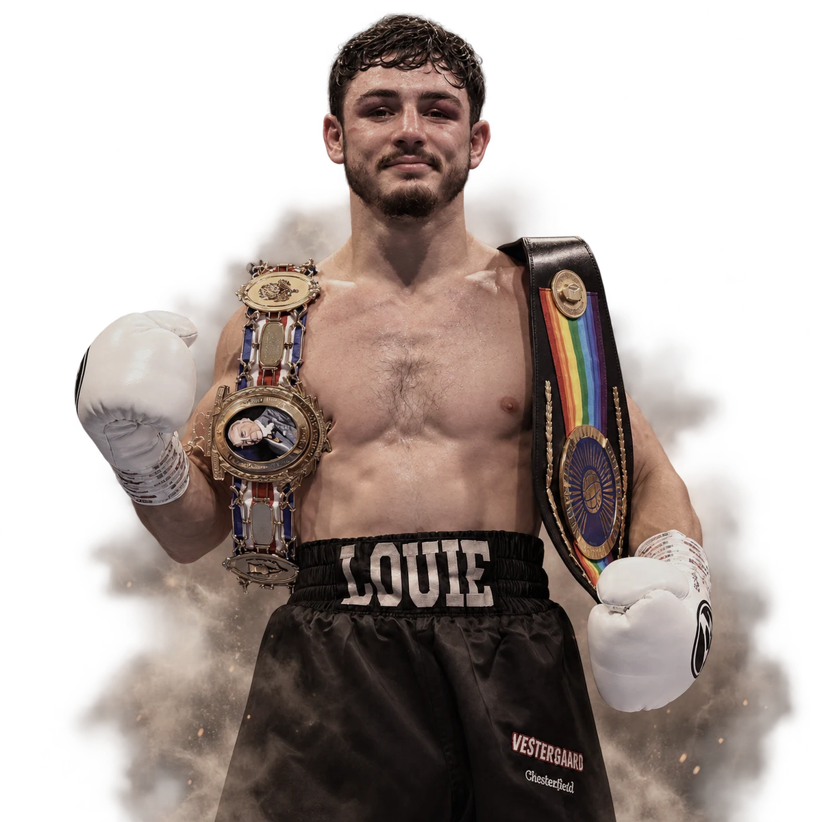 Louie O’Doherty wearing his British and Commonwealth championship belts